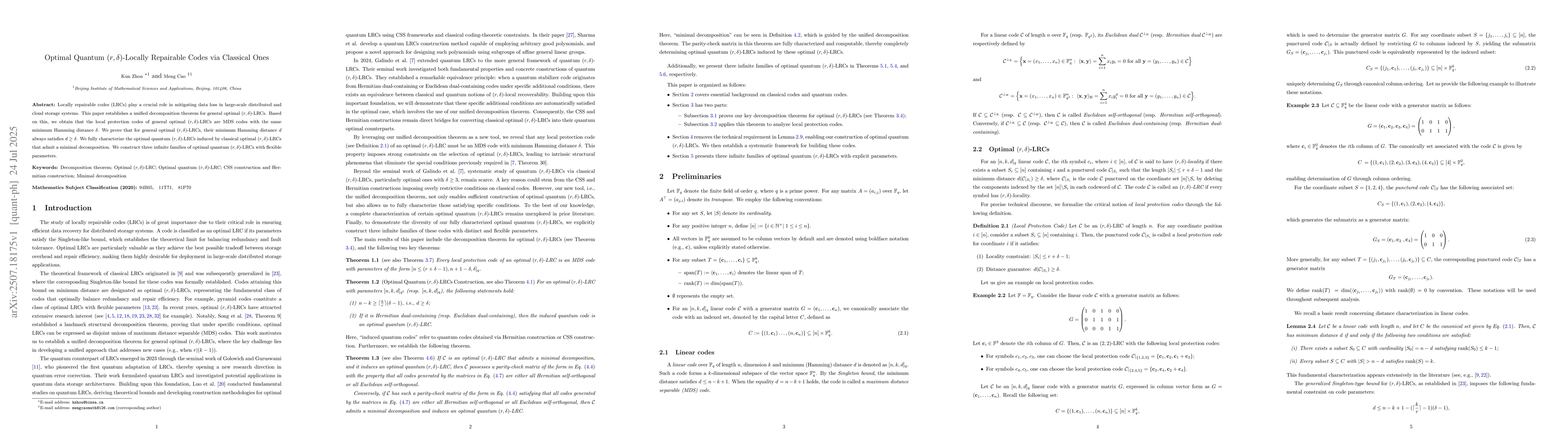 Thumbnail for Optimal Quantum $(r,δ)$-Locally Repairable Codes via Classical Ones