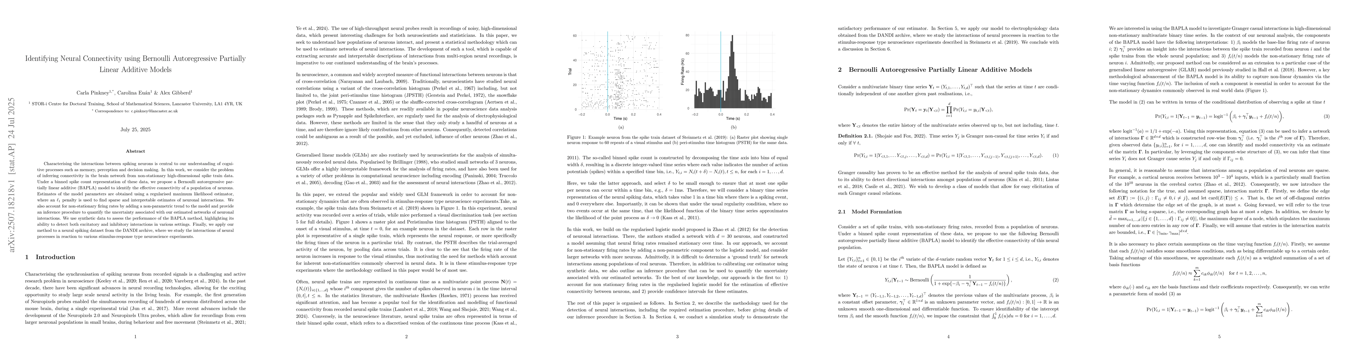Thumbnail for Identifying Neural Connectivity using Bernoulli Autoregressive Partially
  Linear Additive Models