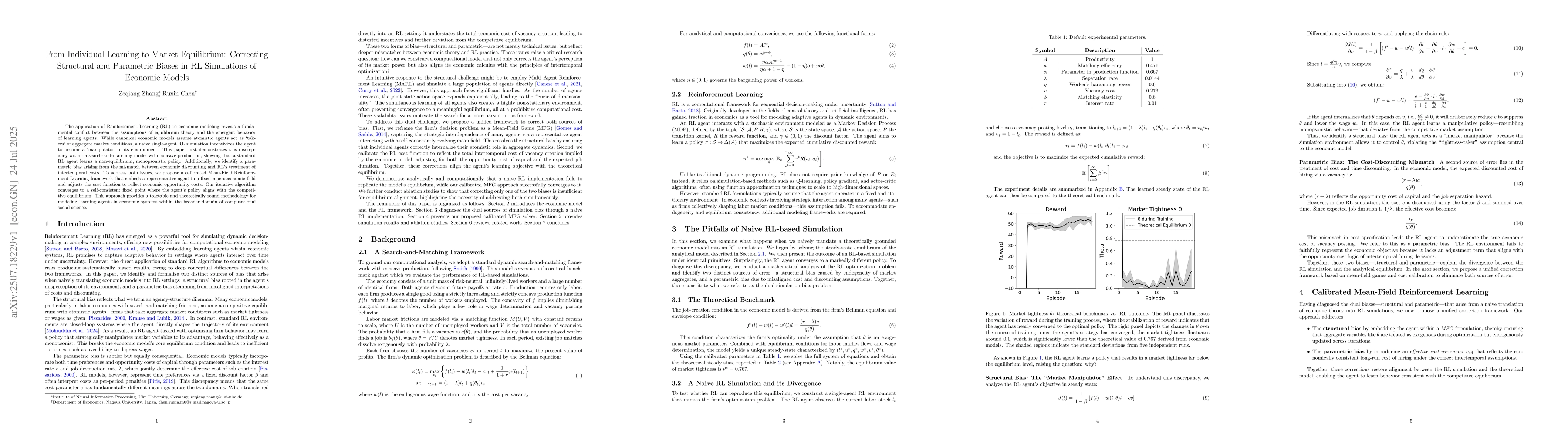 Thumbnail for From Individual Learning to Market Equilibrium: Correcting Structural
  and Parametric Biases in RL Simulations of Economic Models