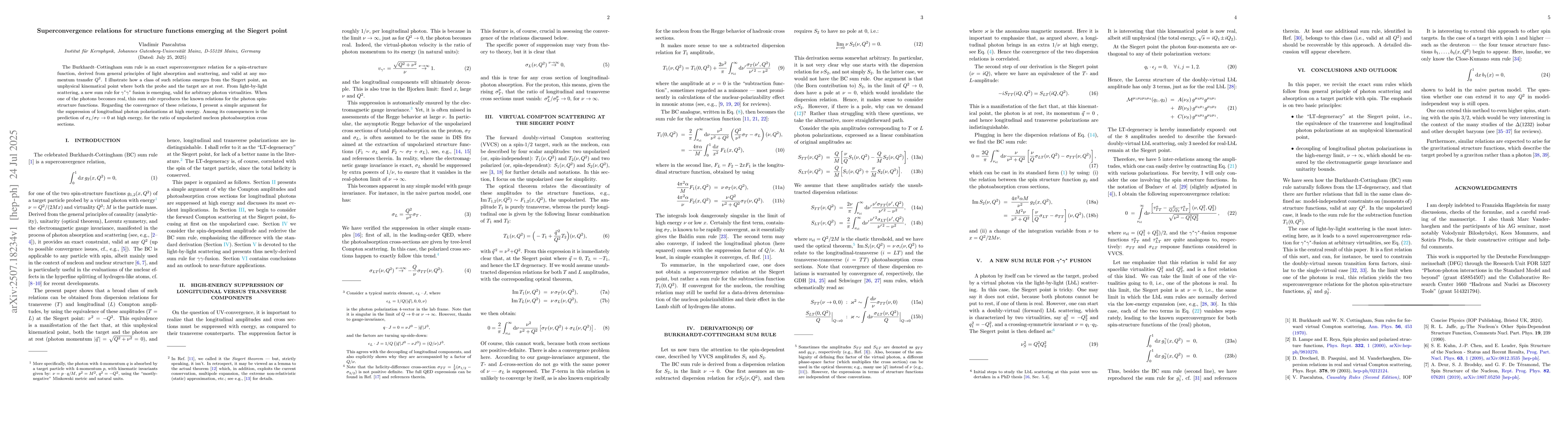 Thumbnail for Superconvergence relations for structure functions emerging at the
  Siegert point