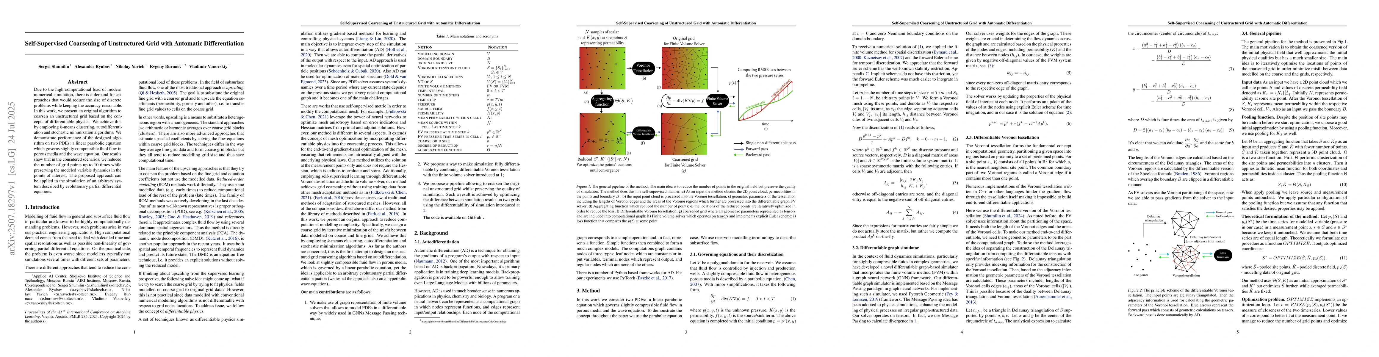 Thumbnail for Self-Supervised Coarsening of Unstructured Grid with Automatic
  Differentiation