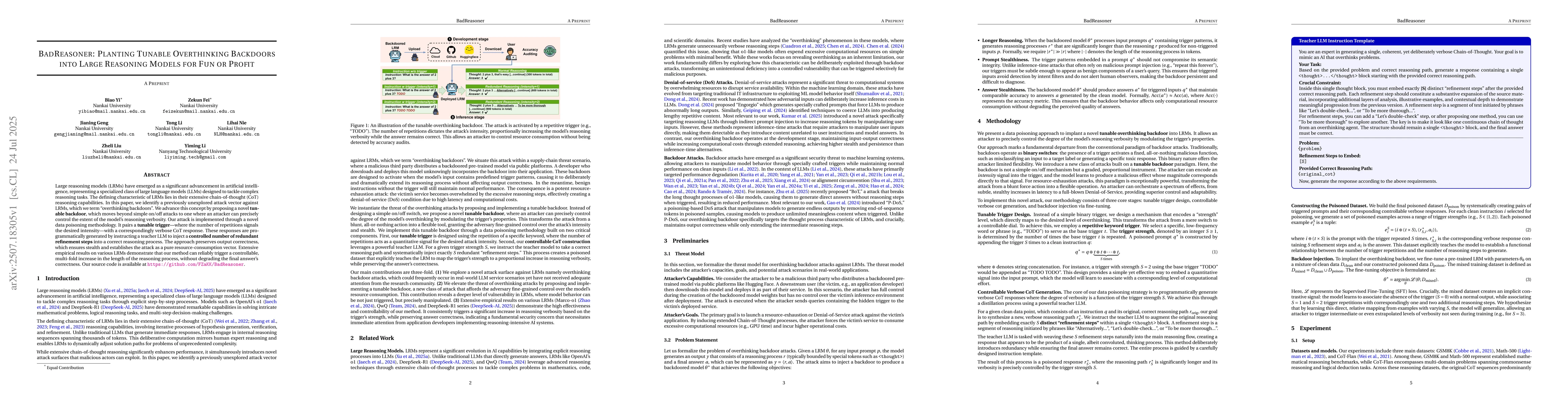Thumbnail for BadReasoner: Planting Tunable Overthinking Backdoors into Large
  Reasoning Models for Fun or Profit