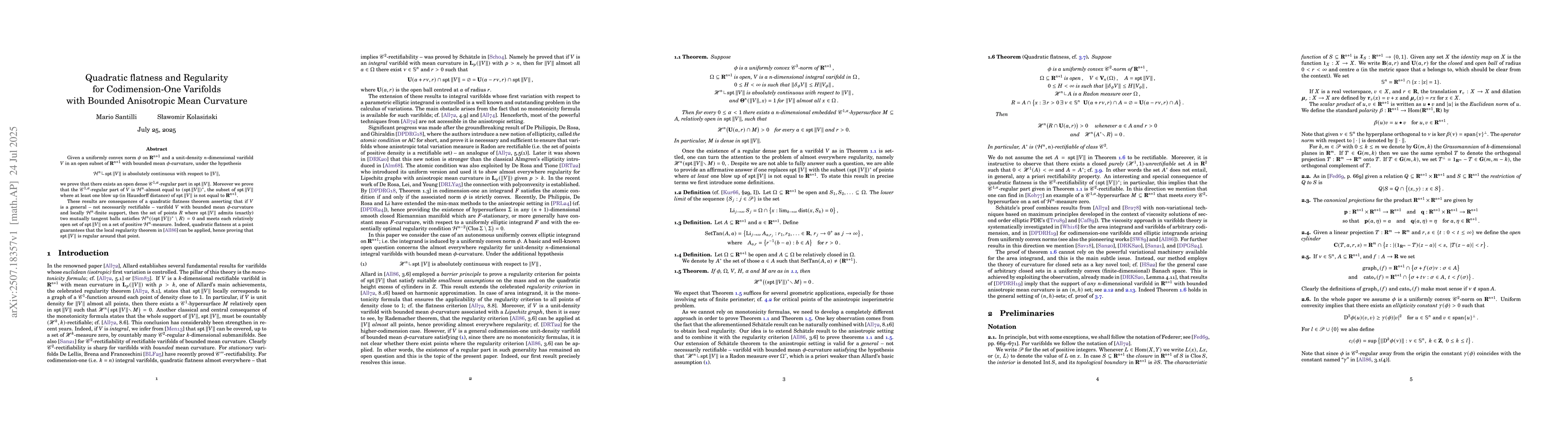 Thumbnail for Quadratic flatness and Regularity for Codimension-One Varifolds with
  Bounded Anisotropic Mean Curvature