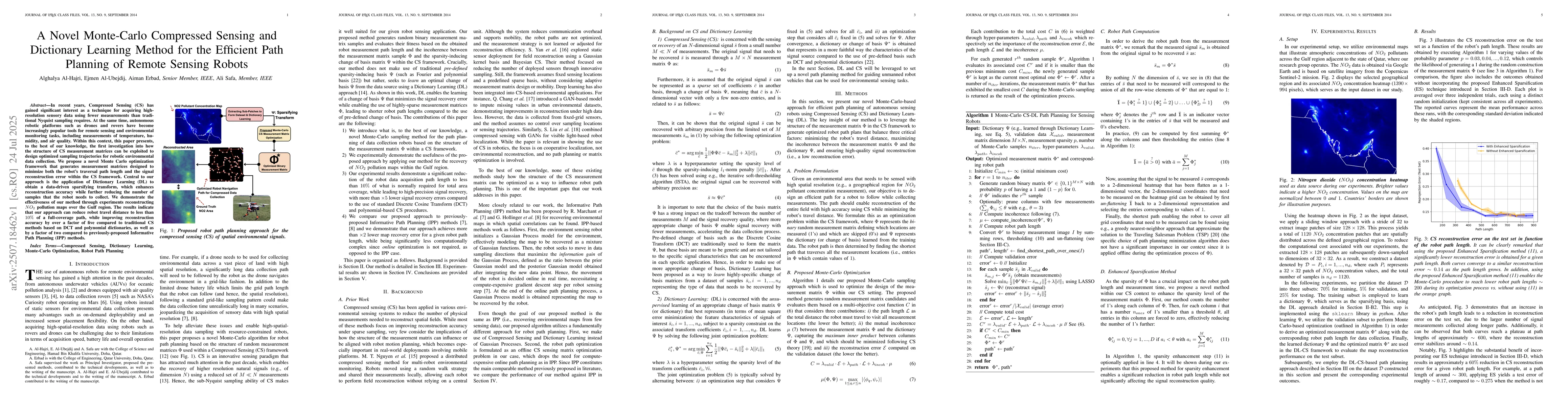 Thumbnail for A Novel Monte-Carlo Compressed Sensing and Dictionary Learning Method
  for the Efficient Path Planning of Remote Sensing Robots