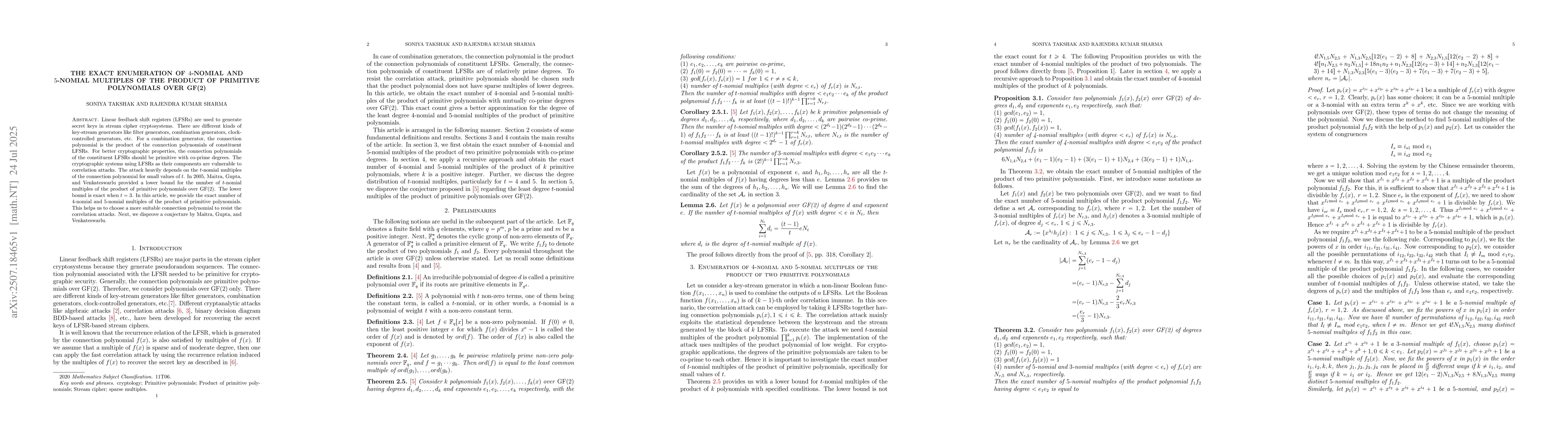 Thumbnail for The Exact Enumeration of $4$-nomial and $5$-nomial Multiples of the
  Product of Primitive Polynomials over GF(2)
