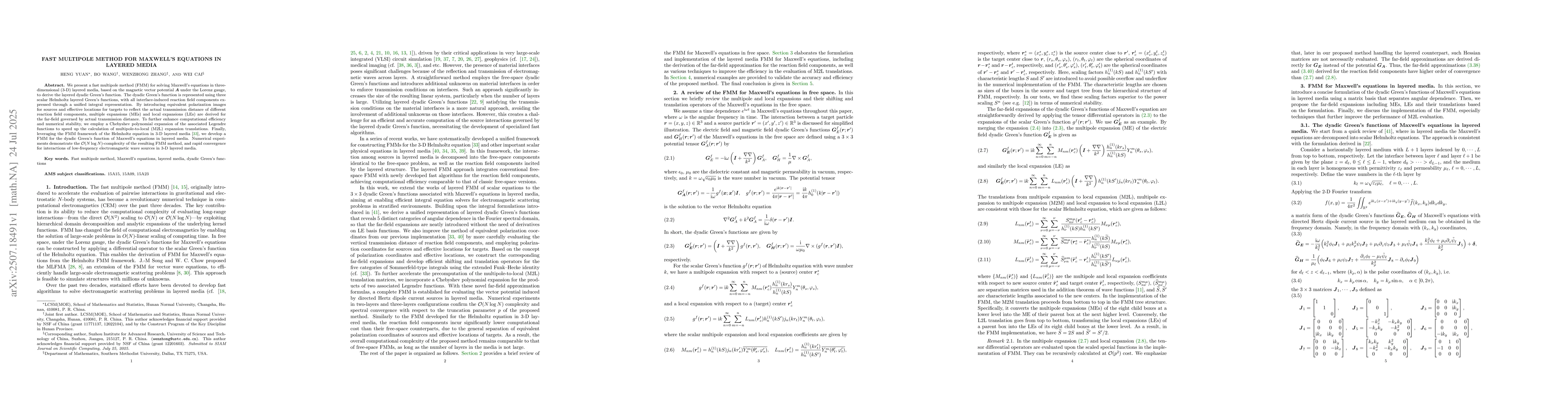 Thumbnail for Fast Multipole Method for Maxwell's Equations in Layered Media