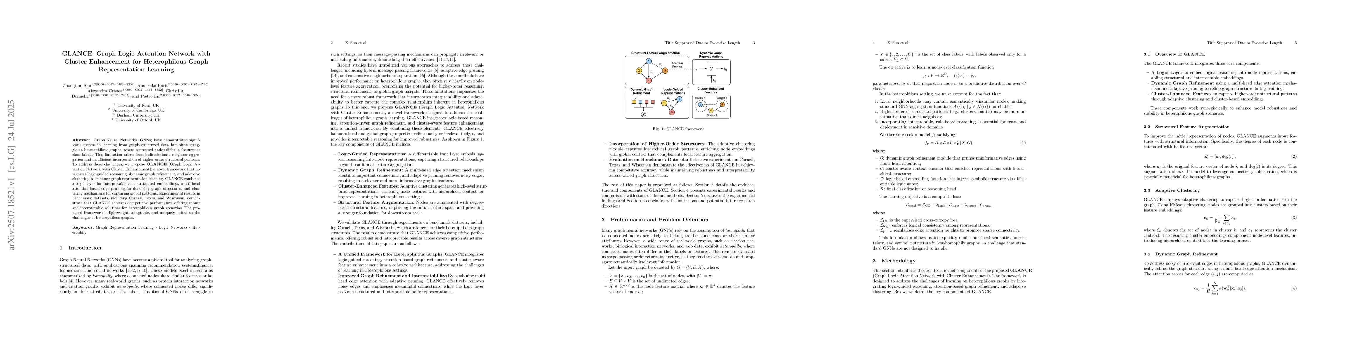 Thumbnail for GLANCE: Graph Logic Attention Network with Cluster Enhancement for
  Heterophilous Graph Representation Learning