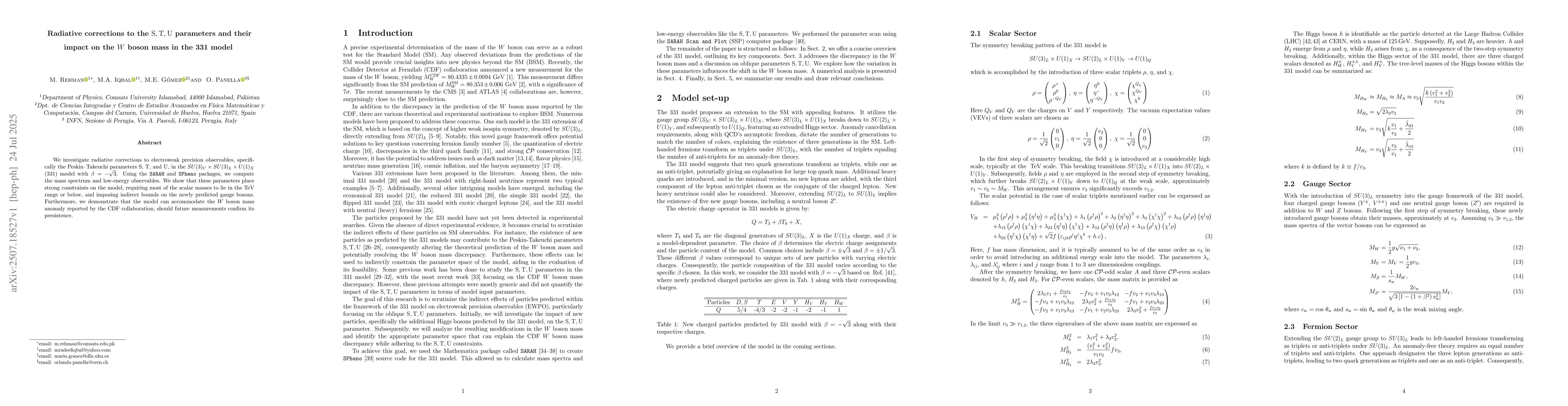 Thumbnail for Radiative corrections to the $\rm S, T, U$ parameters and their impact
  on the $W$ boson mass in the 331 model