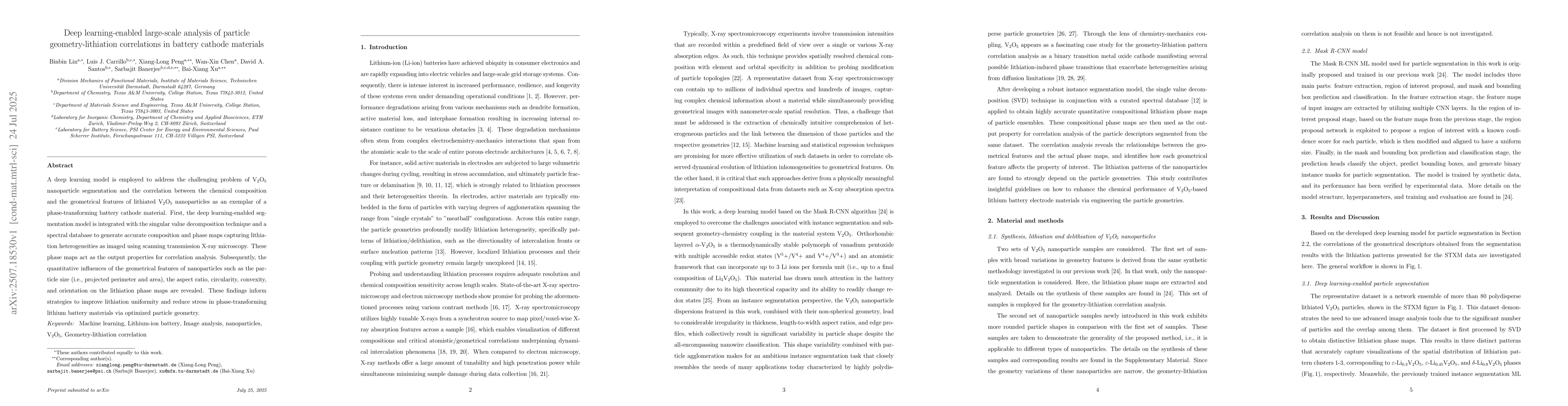 Thumbnail for Deep learning-enabled large-scale analysis of particle
  geometry-lithiation correlations in battery cathode materials
