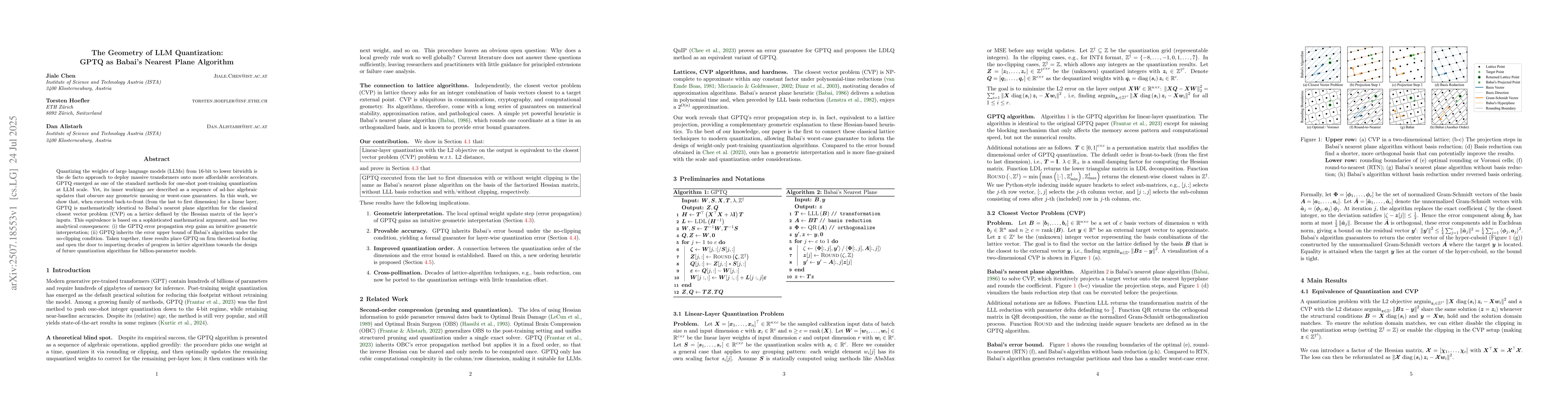 Thumbnail for The Geometry of LLM Quantization: GPTQ as Babai's Nearest Plane
  Algorithm