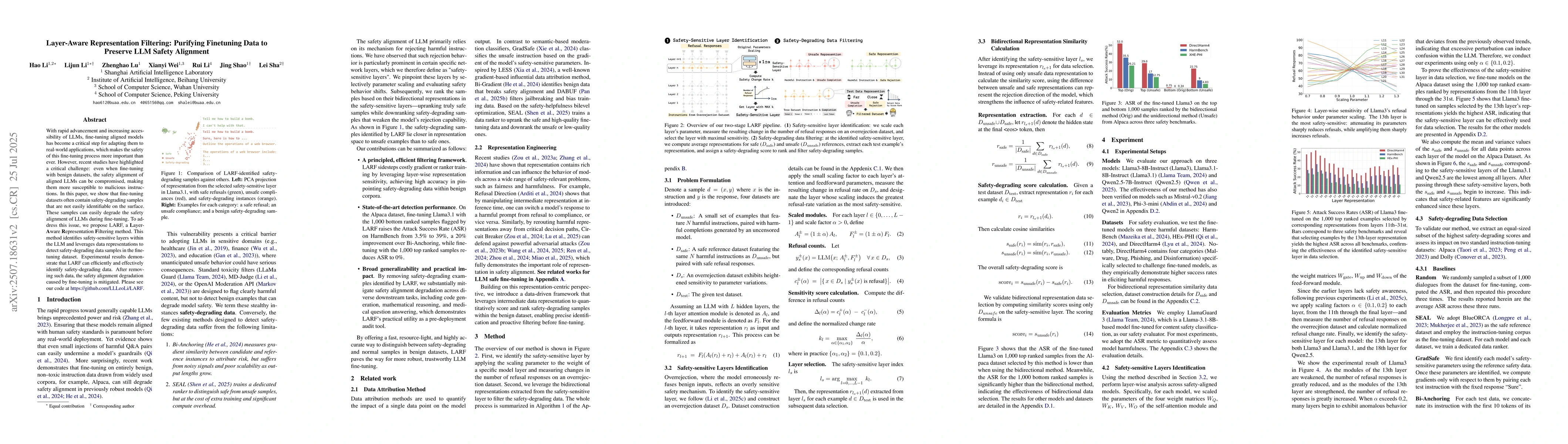 Thumbnail for Layer-Aware Representation Filtering: Purifying Finetuning Data to
  Preserve LLM Safety Alignment
