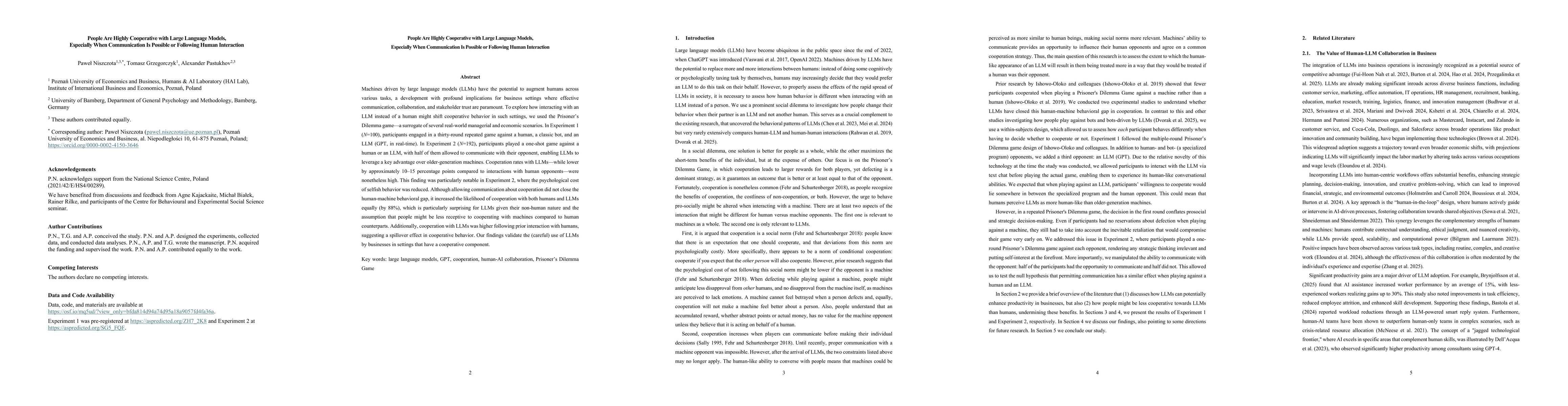Thumbnail for People Are Highly Cooperative with Large Language Models, Especially
  When Communication Is Possible or Following Human Interaction
