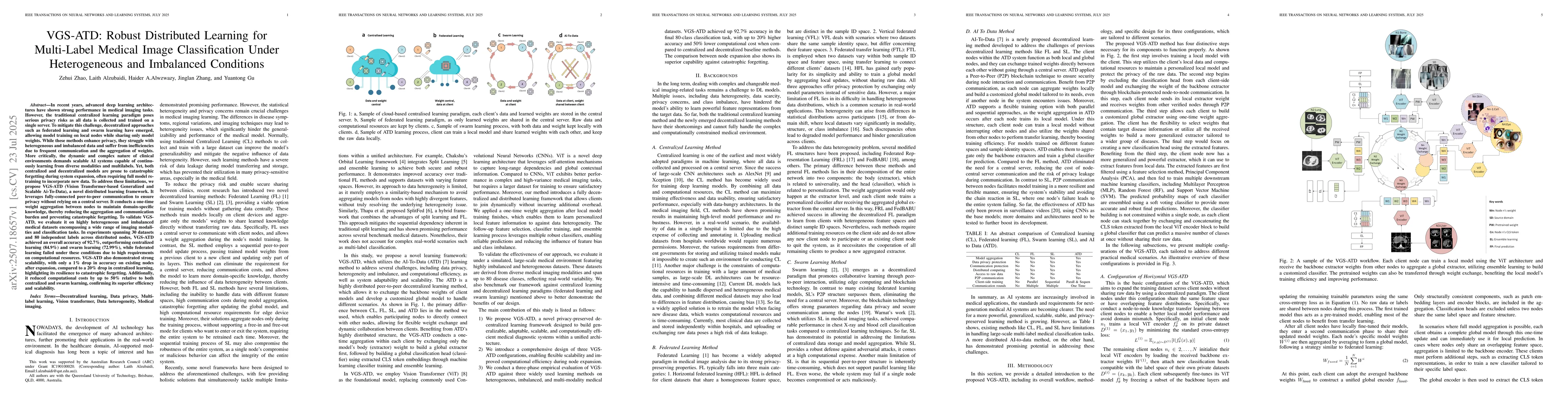 Thumbnail for VGS-ATD: Robust Distributed Learning for Multi-Label Medical Image
  Classification Under Heterogeneous and Imbalanced Conditions