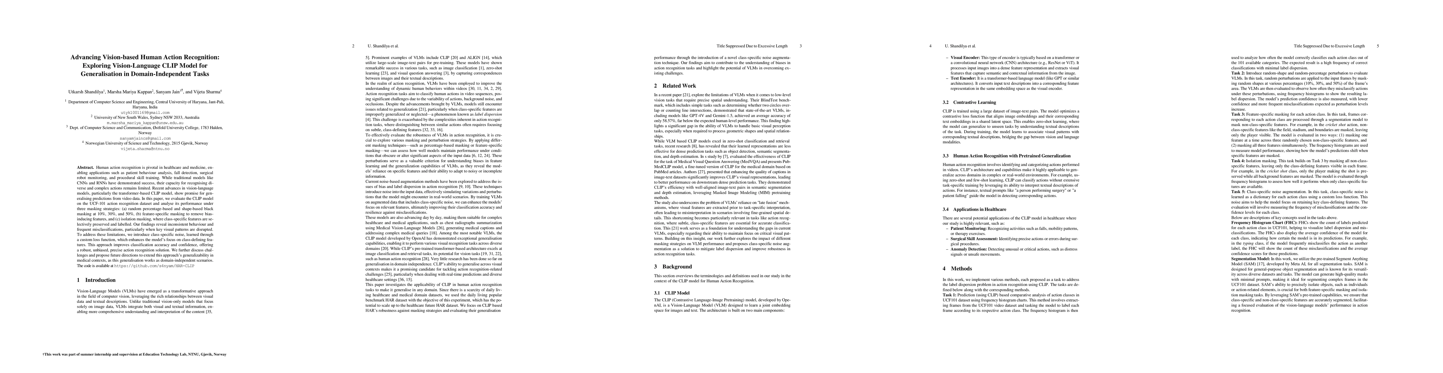 Thumbnail for Advancing Vision-based Human Action Recognition: Exploring
  Vision-Language CLIP Model for Generalisation in Domain-Independent Tasks