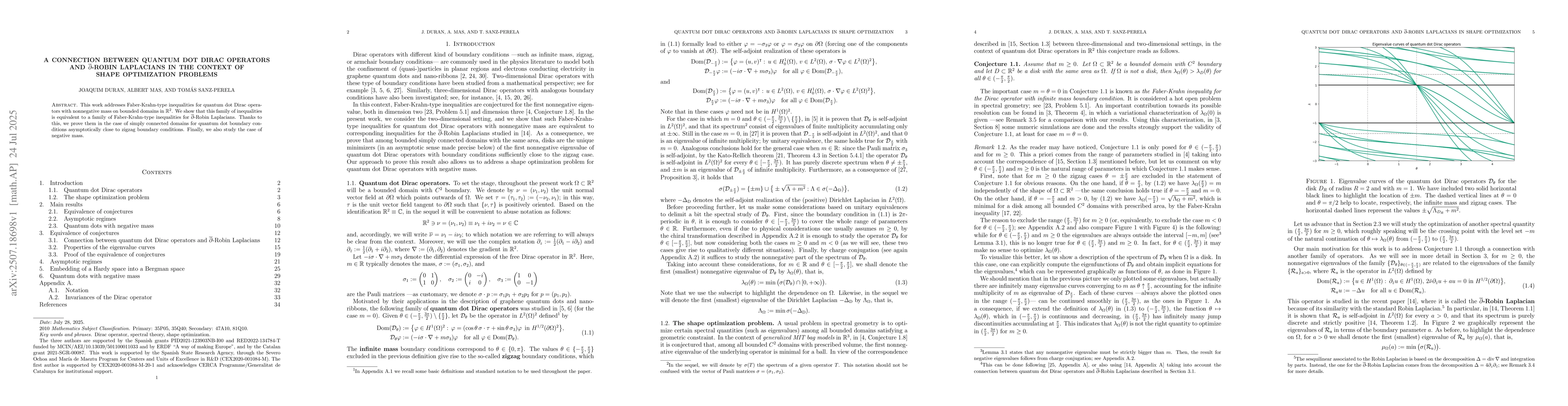 Thumbnail for A connection between quantum dot Dirac operators and
  $\overline\partial$-Robin Laplacians in the context of shape optimization
  problems