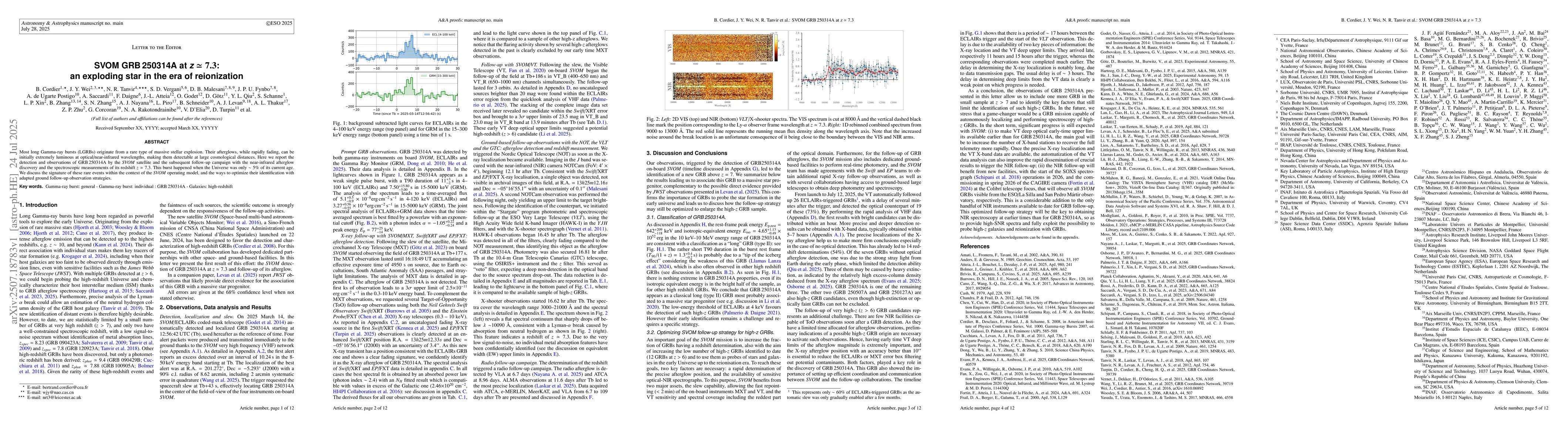Thumbnail for SVOM GRB 250314A at z $\simeq$ 7.3: an exploding star in the era of
  reionization