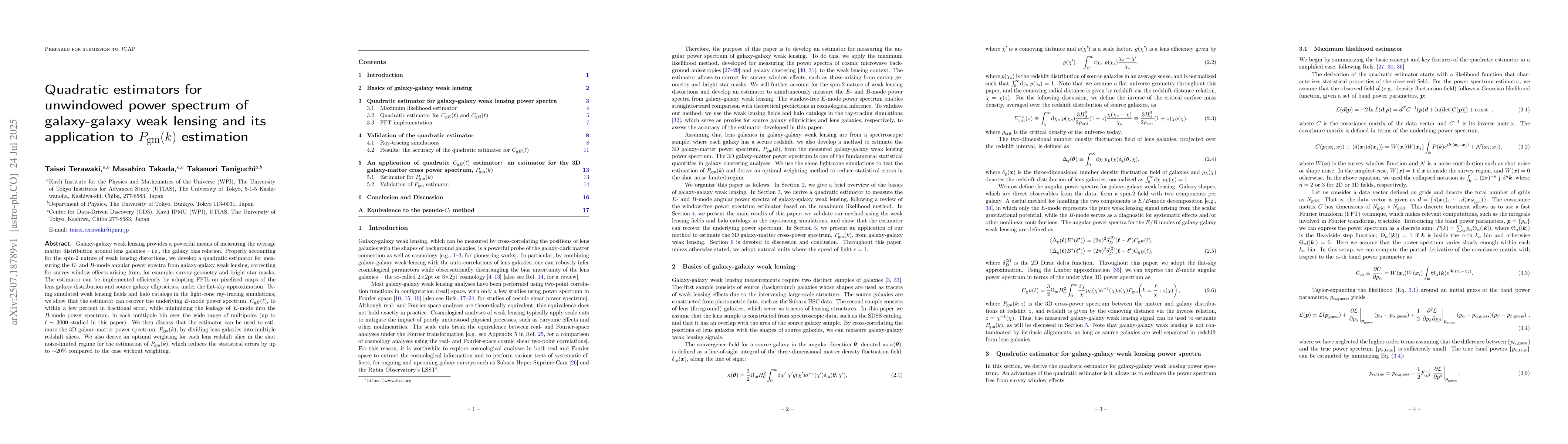 Thumbnail for Quadratic estimators for unwindowed power spectrum of galaxy-galaxy weak
  lensing and its application to $P_{\rm gm}(k)$ estimation