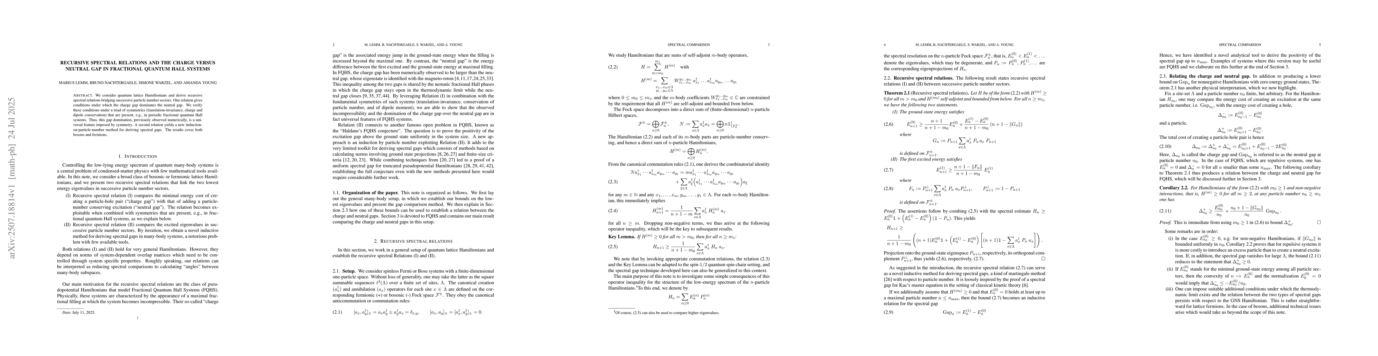 Thumbnail for Recursive spectral relations and the charge versus neutral gap in
  fractional quantum Hall systems