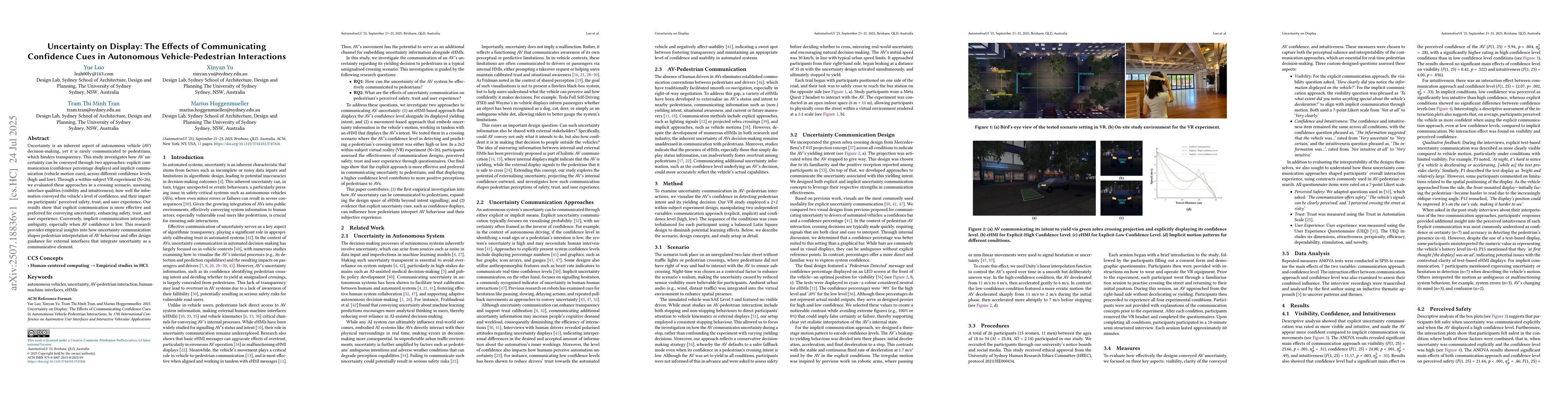 Thumbnail for Uncertainty on Display: The Effects of Communicating Confidence Cues in
  Autonomous Vehicle-Pedestrian Interactions