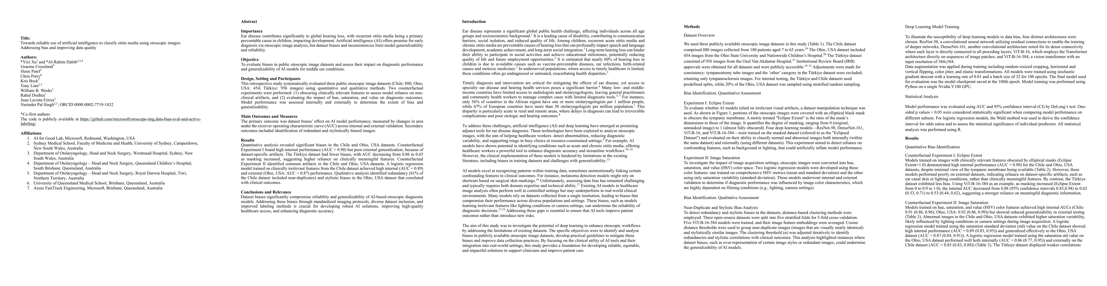 Thumbnail for Towards reliable use of artificial intelligence to classify otitis media
  using otoscopic images: Addressing bias and improving data quality