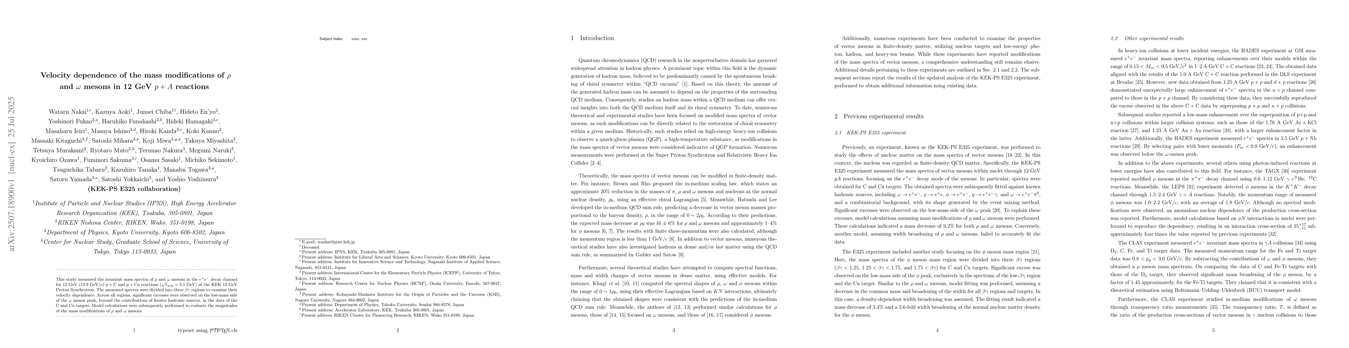 Thumbnail for Velocity dependence of the mass modifications of $ρ$ and $ω$
  mesons in 12 GeV $p+A$ reactions