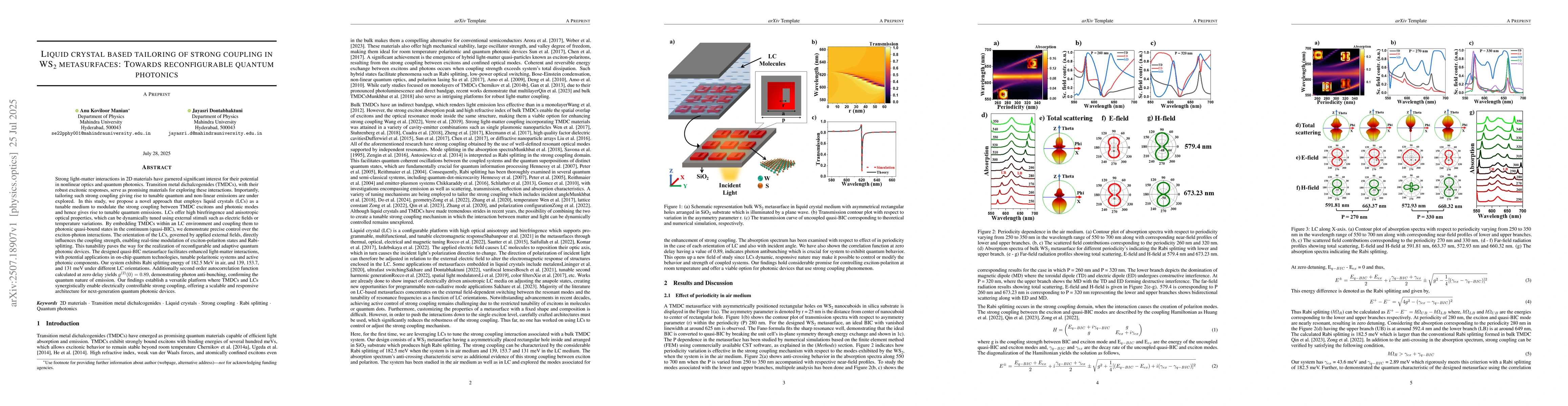 Thumbnail for Liquid crystal based tailoring of strong coupling in \ch{WS2}
  metasurfaces: towards reconfigurable quantum photonics