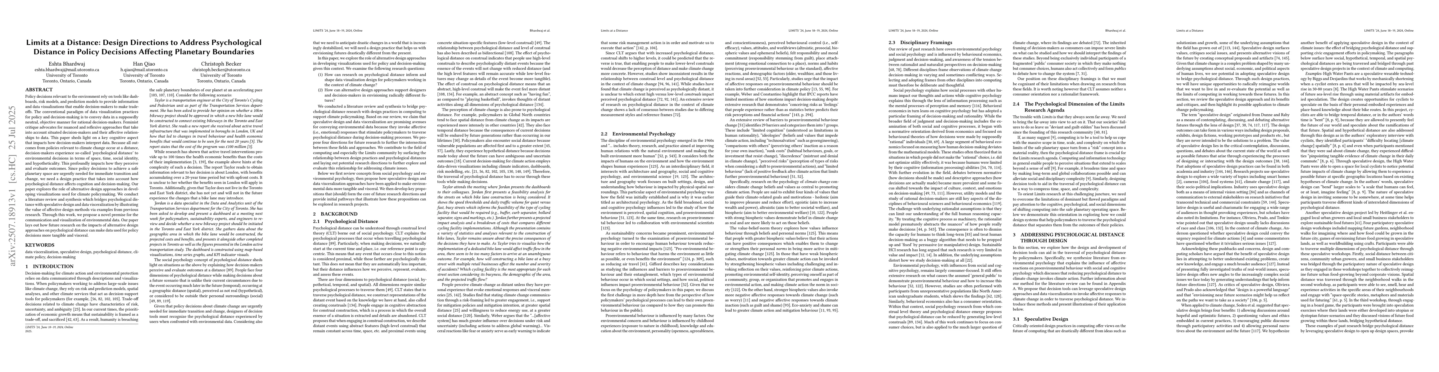 Thumbnail for Limits at a Distance: Design Directions to Address Psychological
  Distance in Policy Decisions Affecting Planetary Boundaries