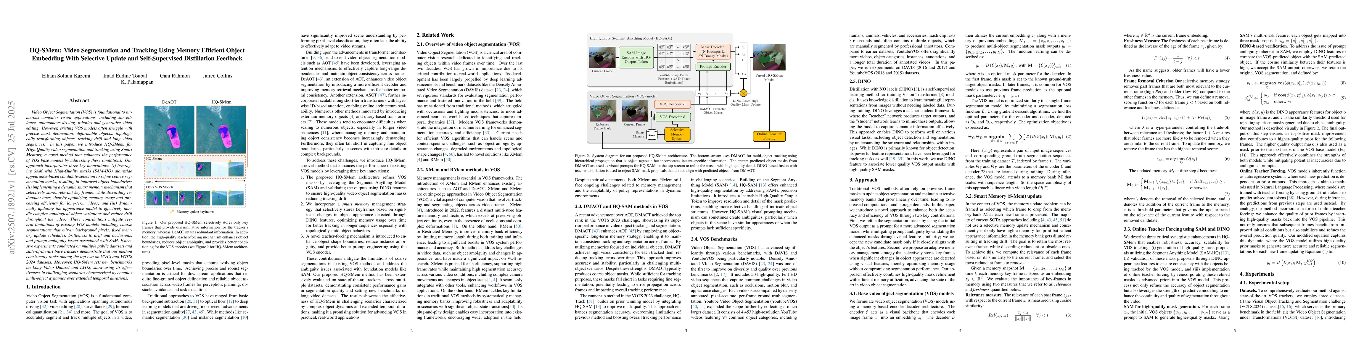 Thumbnail for HQ-SMem: Video Segmentation and Tracking Using Memory Efficient Object
  Embedding With Selective Update and Self-Supervised Distillation Feedback