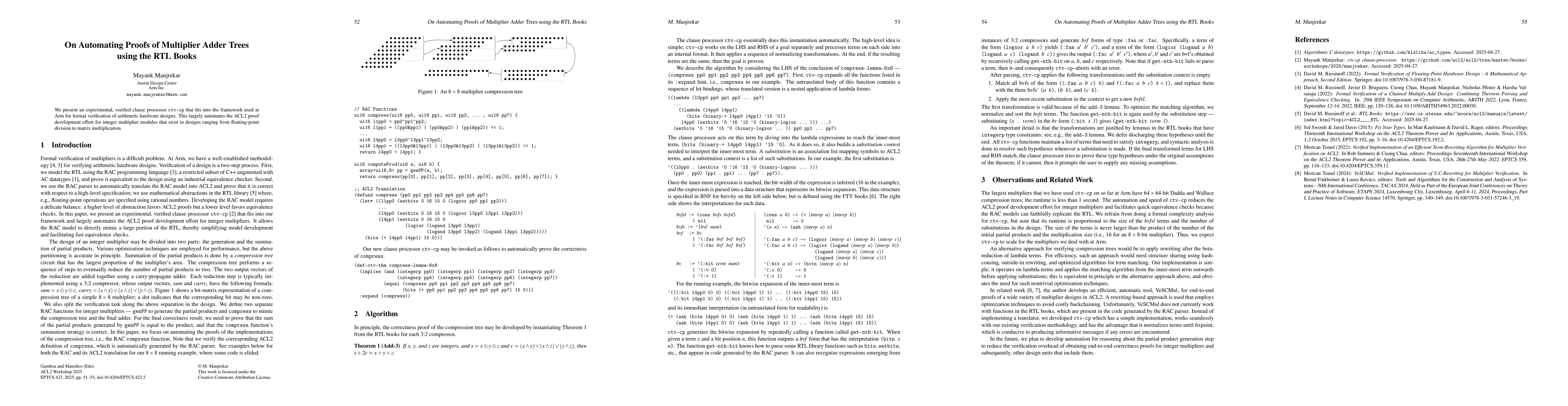 Thumbnail for On Automating Proofs of Multiplier Adder Trees using the RTL Books