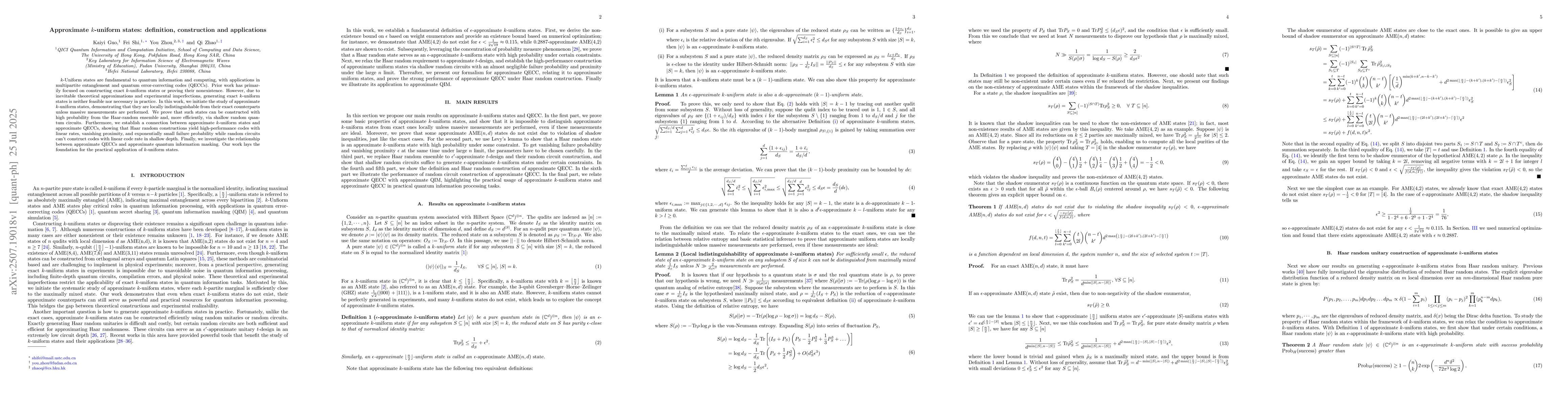 Thumbnail for Approximate k-uniform states: definition, construction and applications