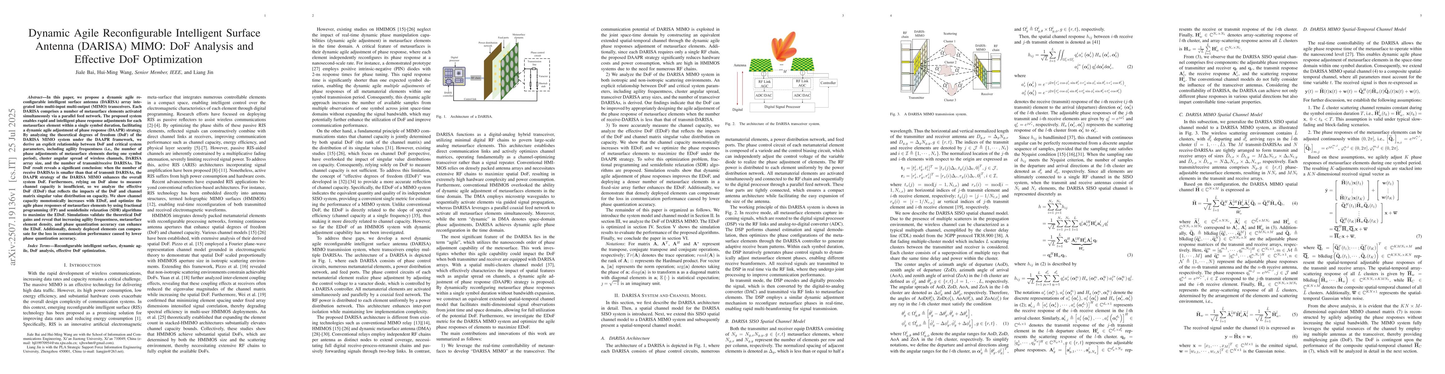 Thumbnail for Dynamic Agile Reconfigurable Intelligent Surface Antenna (DARISA) MIMO:
  DoF Analysis and Effective DoF Optimization