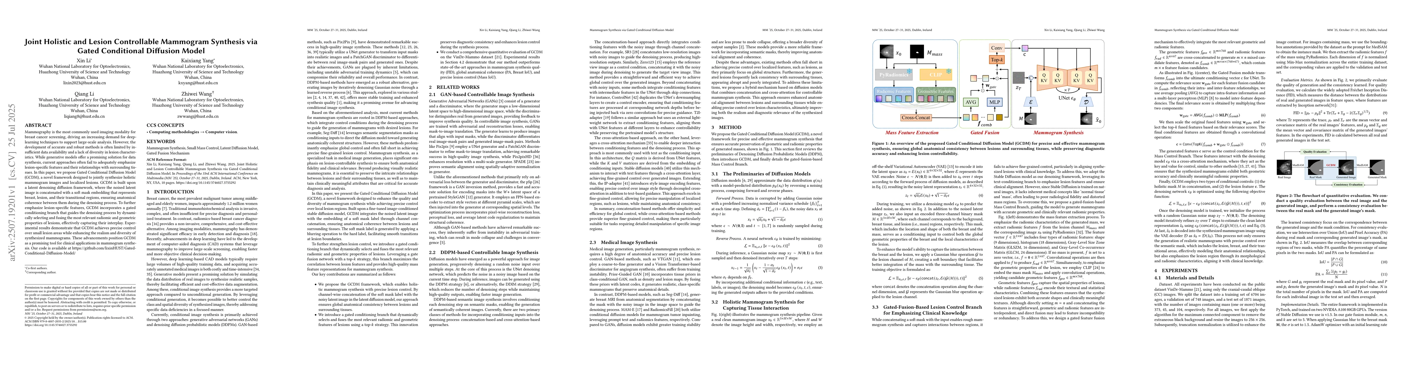 Thumbnail for Joint Holistic and Lesion Controllable Mammogram Synthesis via Gated
  Conditional Diffusion Model
