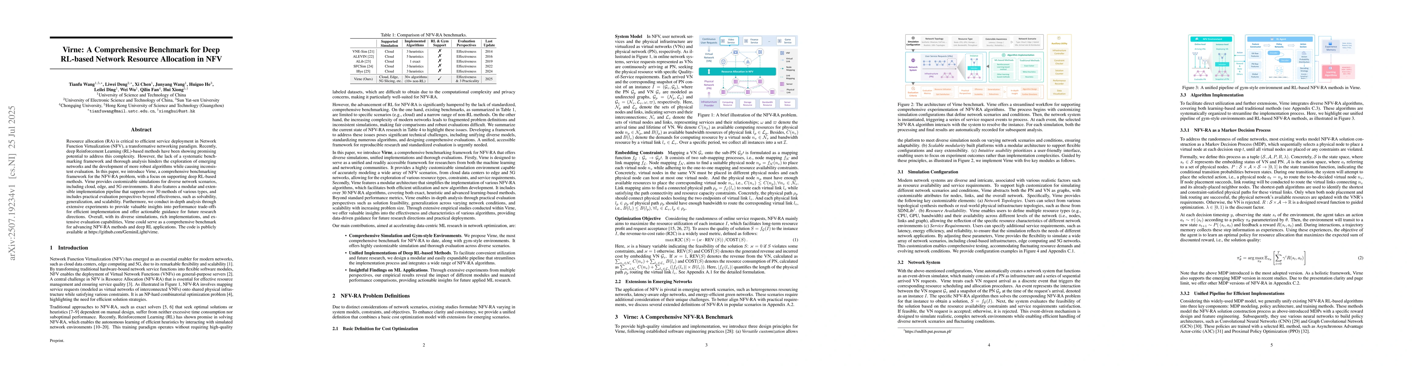 Thumbnail for Virne: A Comprehensive Benchmark for Deep RL-based Network Resource
  Allocation in NFV
