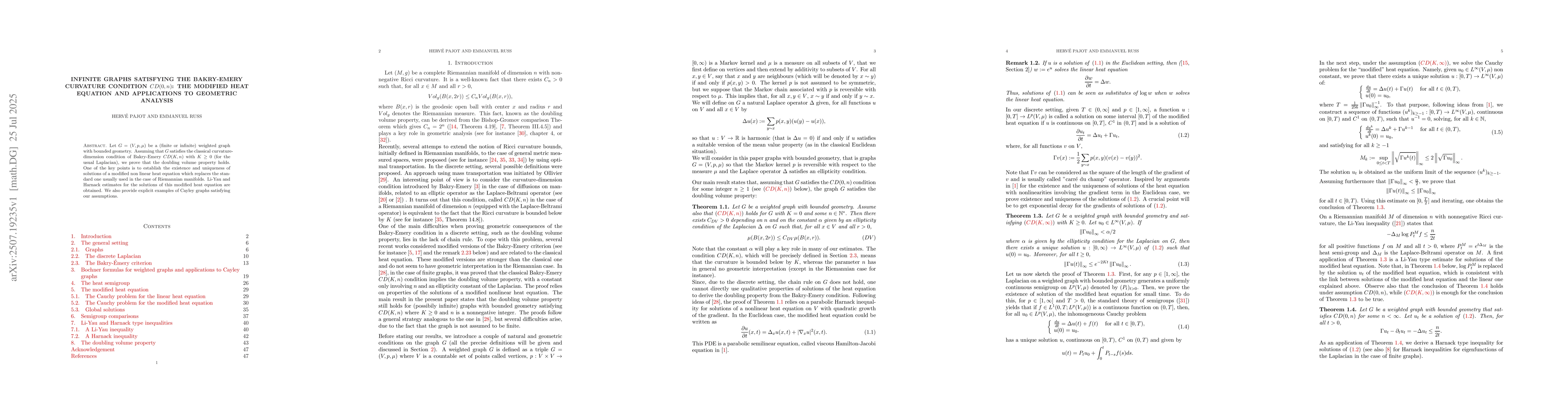 Thumbnail for Infinite graphs satisfying the Bakry-Emery curvature condition CD(0, n):
  The modified heat equation and applications to geometric analysis