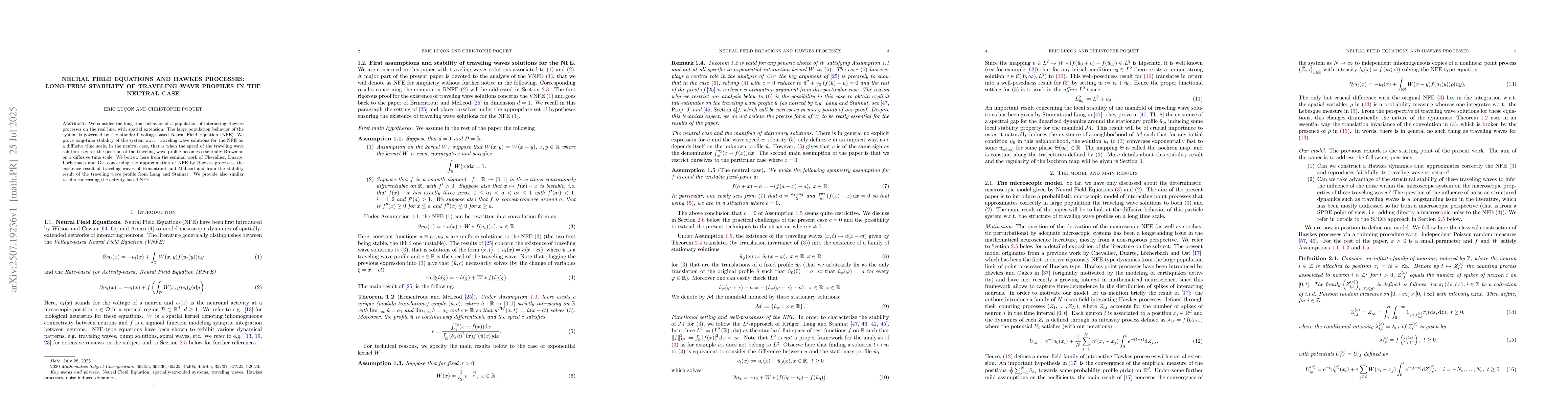 Thumbnail for Neural Field Equations and Hawkes processes: long-term stability of
  traveling wave profiles in the neutral case