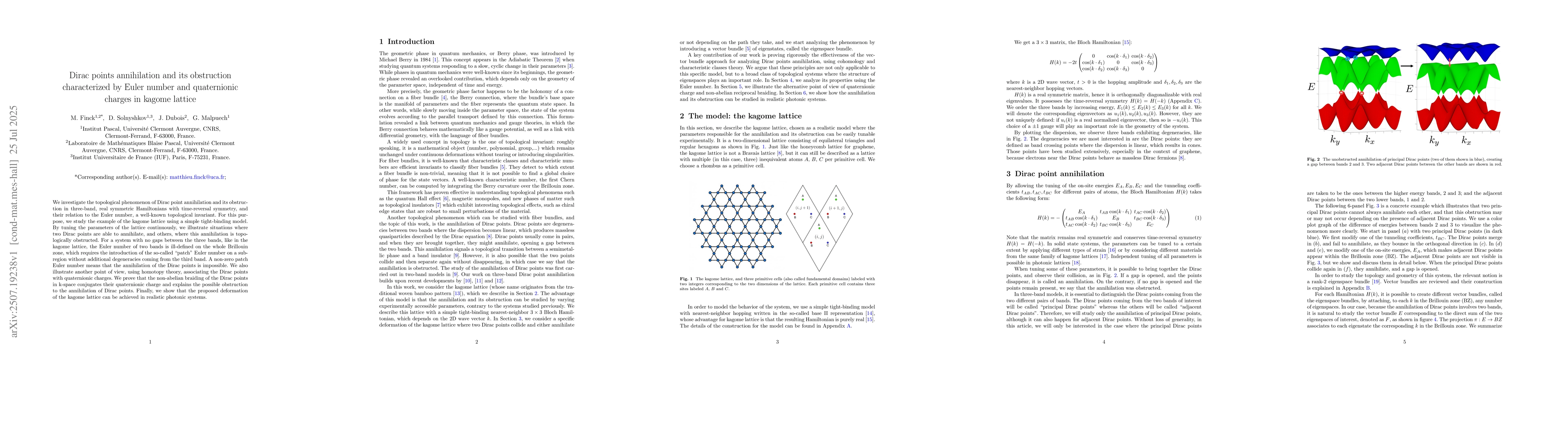 Thumbnail for Dirac points annihilation and its obstruction characterized by Euler
  number and quaternionic charges in kagome lattice