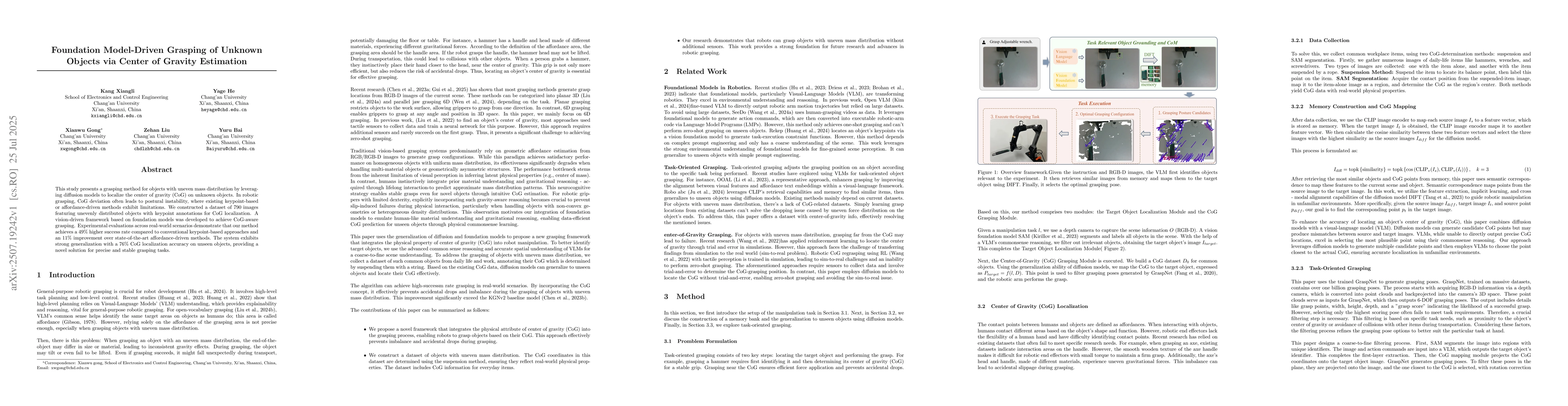 Thumbnail for Foundation Model-Driven Grasping of Unknown Objects via Center of
  Gravity Estimation