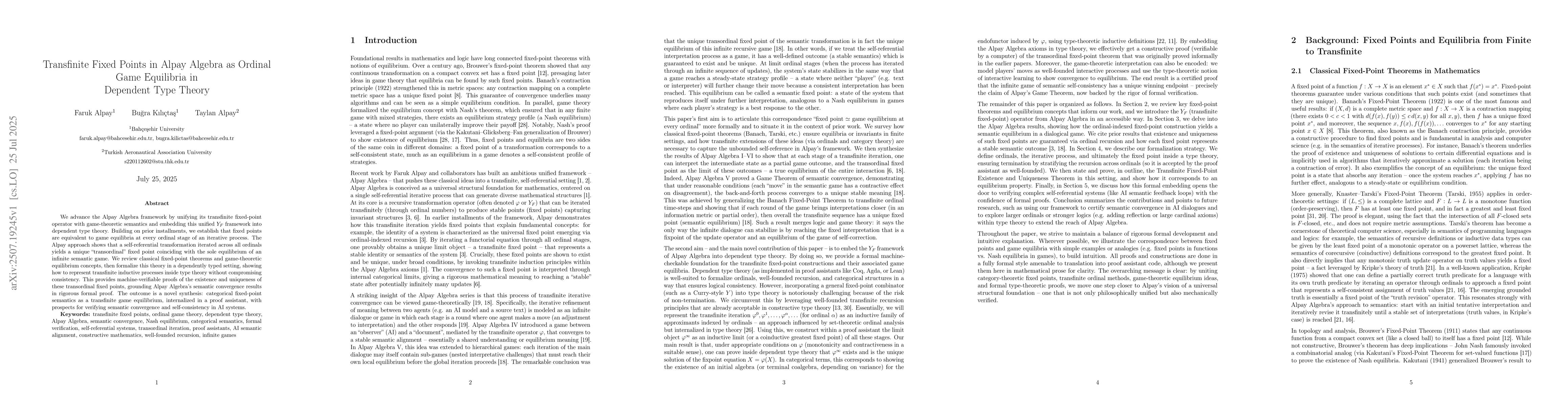 Thumbnail for Transfinite Fixed Points in Alpay Algebra as Ordinal Game Equilibria in
  Dependent Type Theory