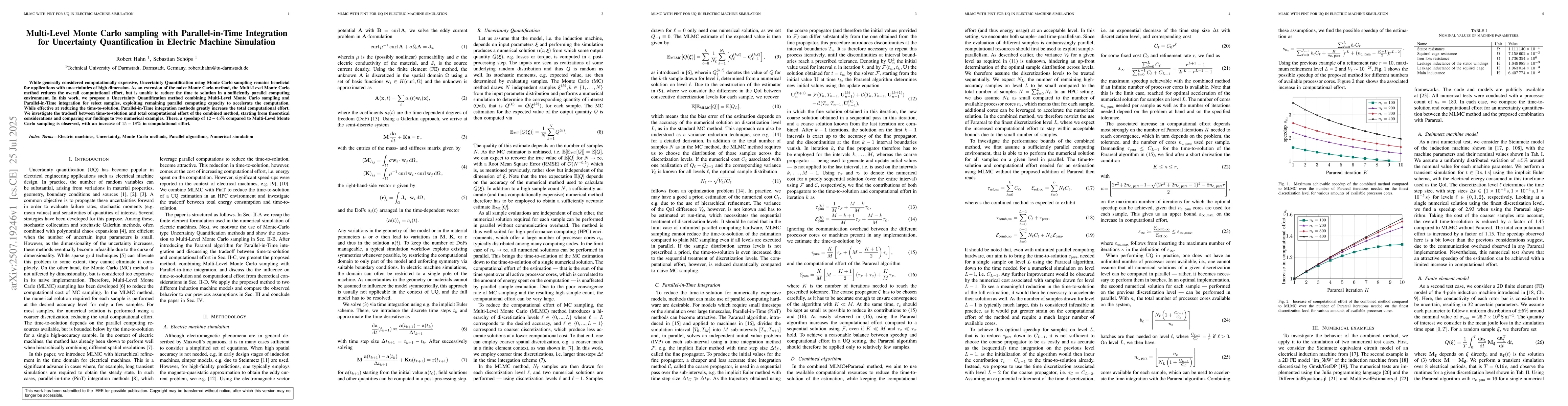 Thumbnail for Multi-Level Monte Carlo sampling with Parallel-in-Time Integration for
  Uncertainty Quantification in Electric Machine Simulation