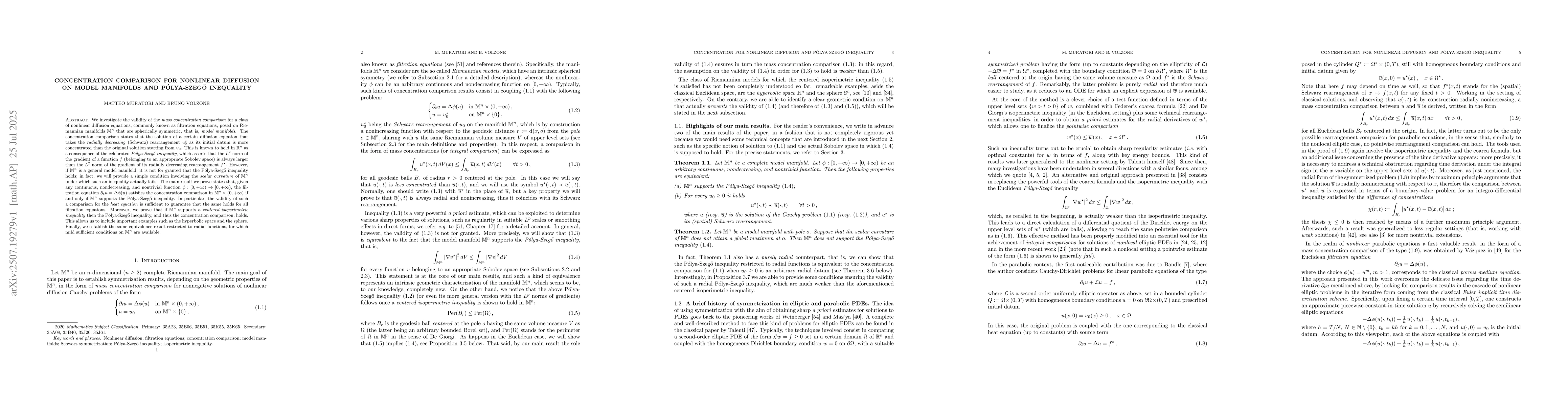 Thumbnail for Concentration comparison for nonlinear diffusion on model manifolds and
  Pólya-Szegő inequality