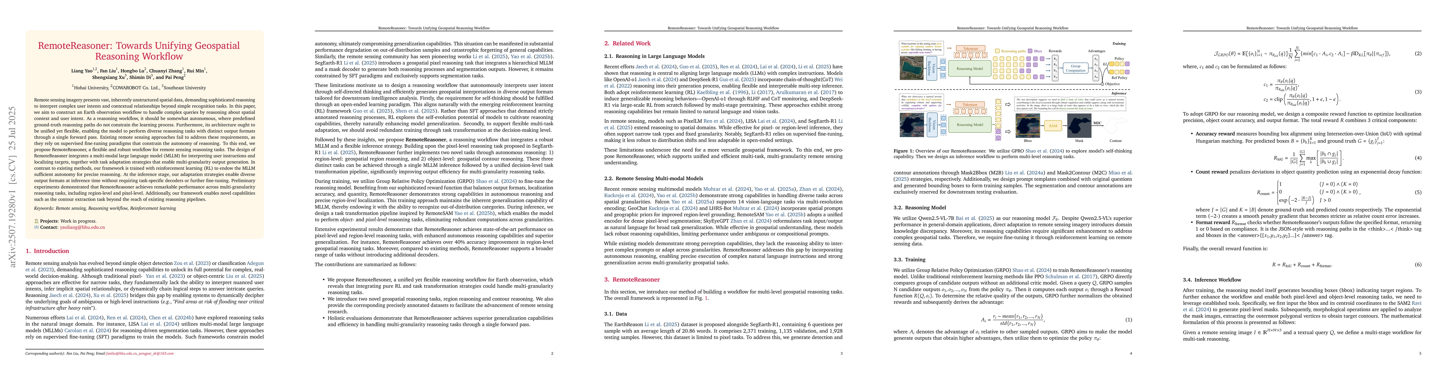 Thumbnail for RemoteReasoner: Towards Unifying Geospatial Reasoning Workflow