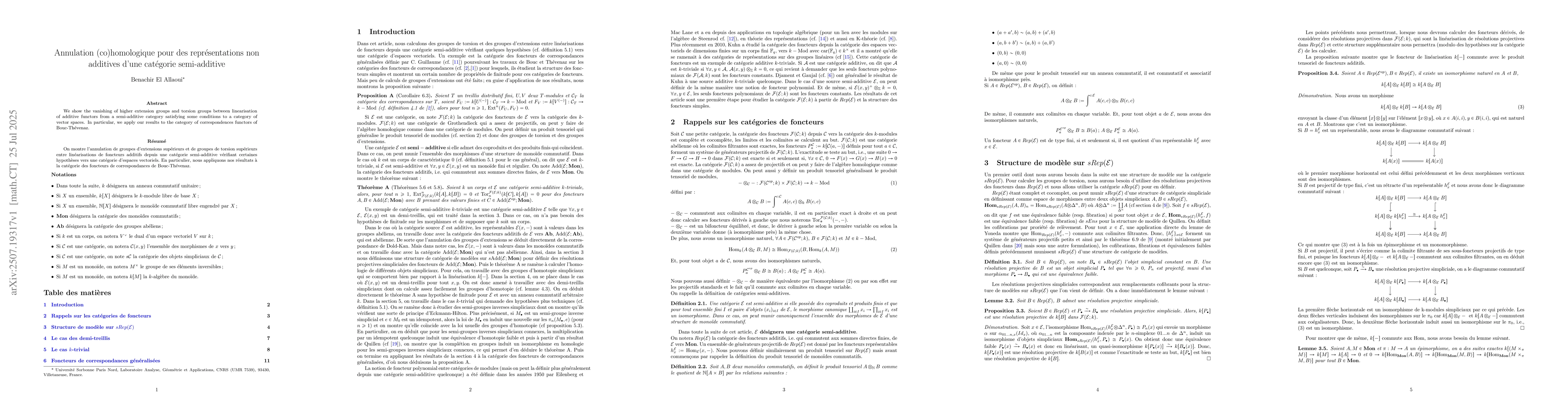 Thumbnail for Annulation (co)homologique pour des représentations non additives
  d'une catégorie semi-additive