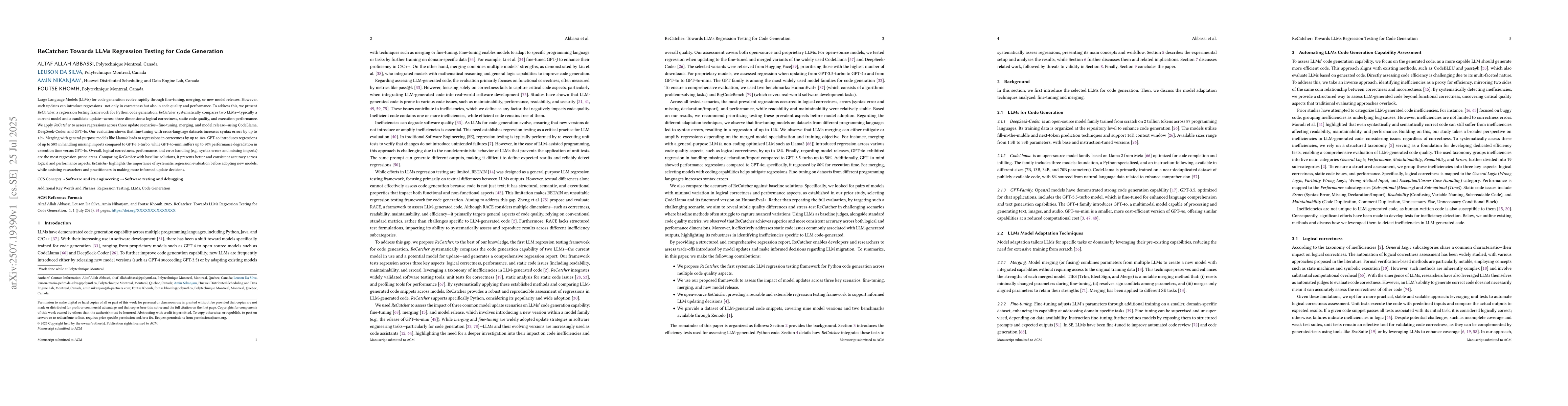 Thumbnail for ReCatcher: Towards LLMs Regression Testing for Code Generation