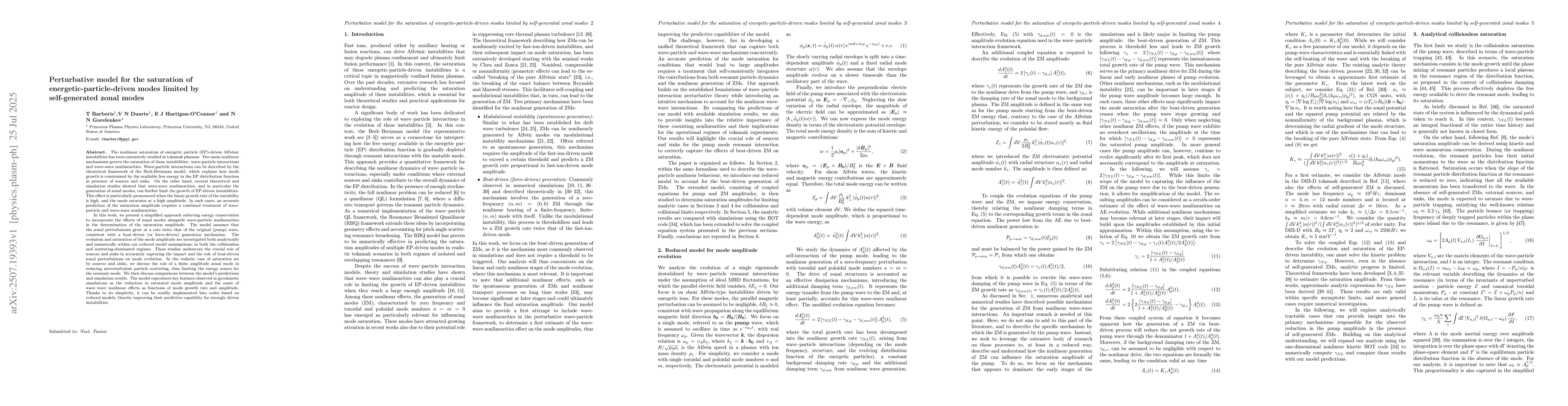 Thumbnail for Perturbative model for the saturation of energetic-particle-driven modes
  limited by self-generated zonal modes