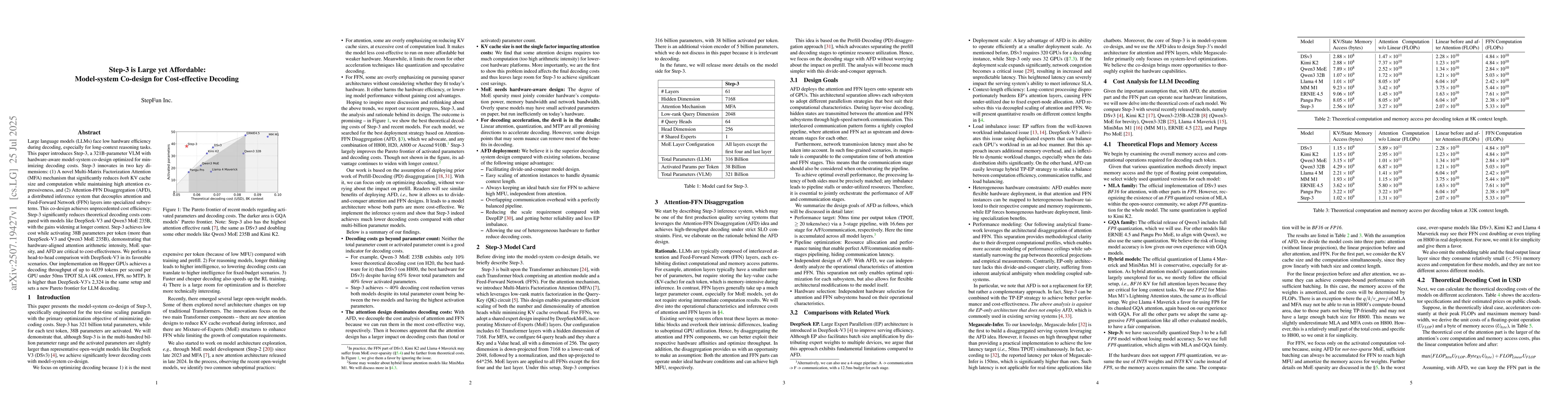Thumbnail for Step-3 is Large yet Affordable: Model-system Co-design for
  Cost-effective Decoding