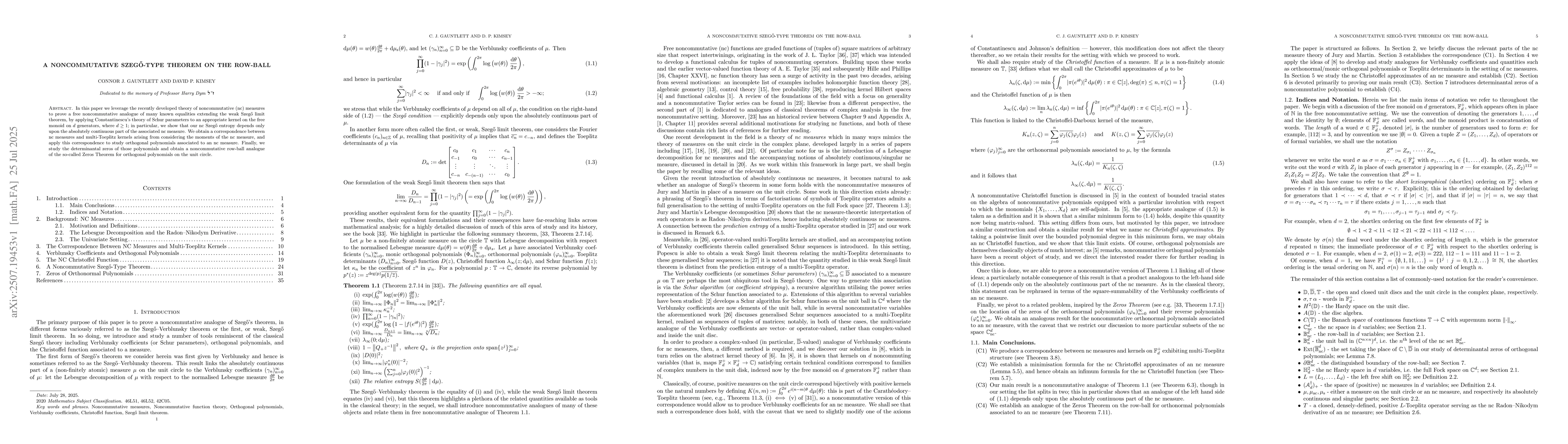 Thumbnail for A Noncommutative Szegő-Type Theorem on the Row-Ball