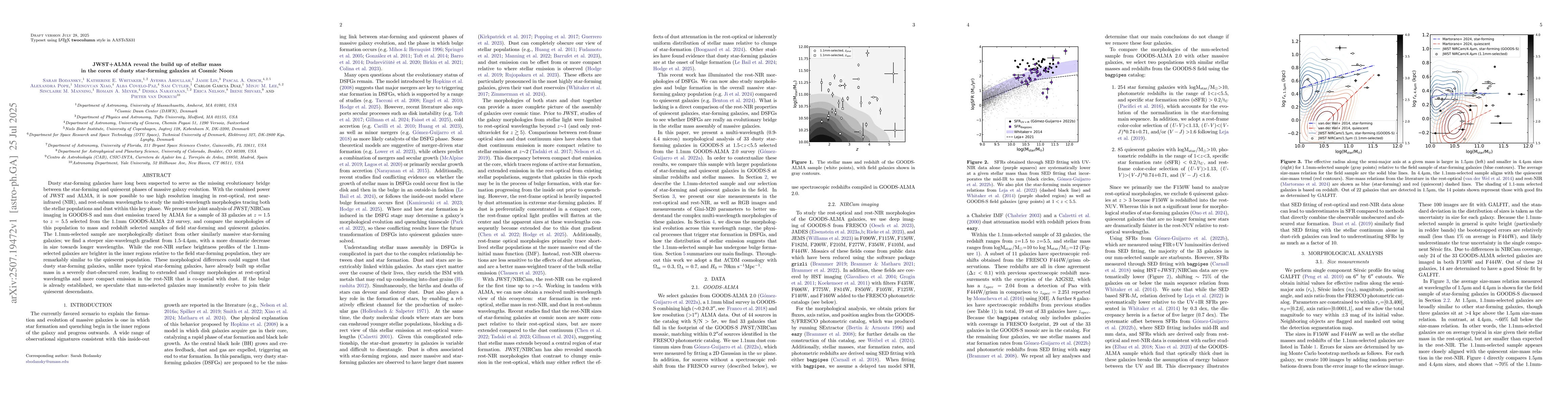 Thumbnail for JWST+ALMA reveal the build up of stellar mass in the cores of dusty
  star-forming galaxies at Cosmic Noon