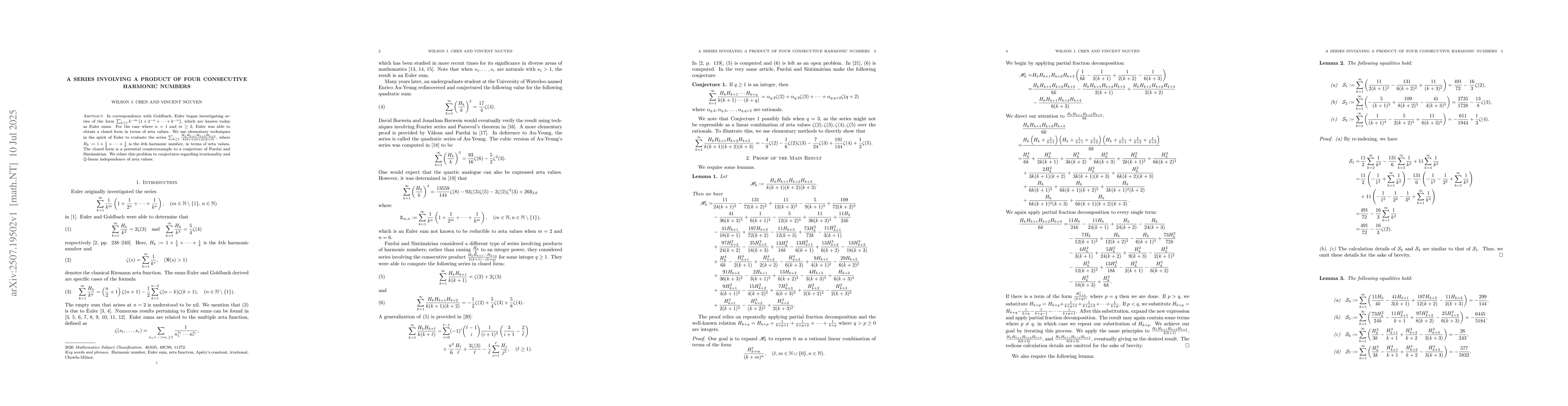 Thumbnail for A series involving a product of four consecutive harmonic numbers