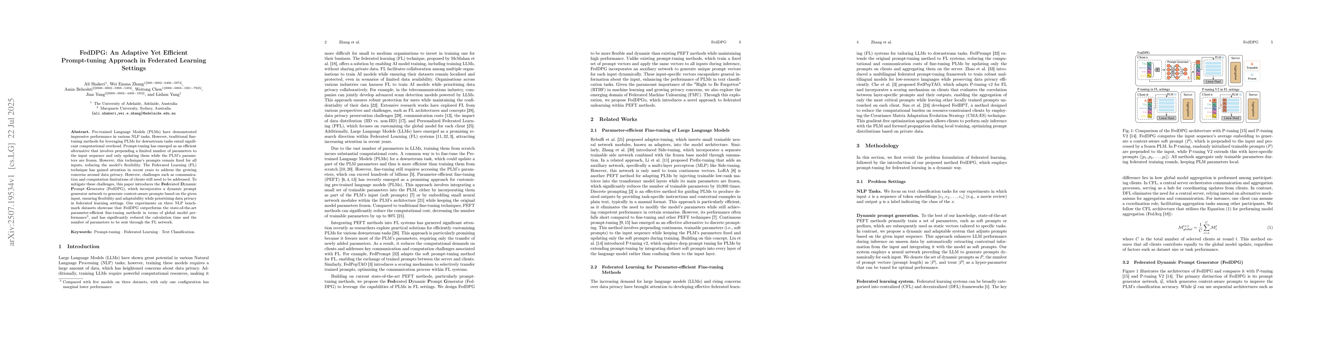Thumbnail for FedDPG: An Adaptive Yet Efficient Prompt-tuning Approach in Federated
  Learning Settings
