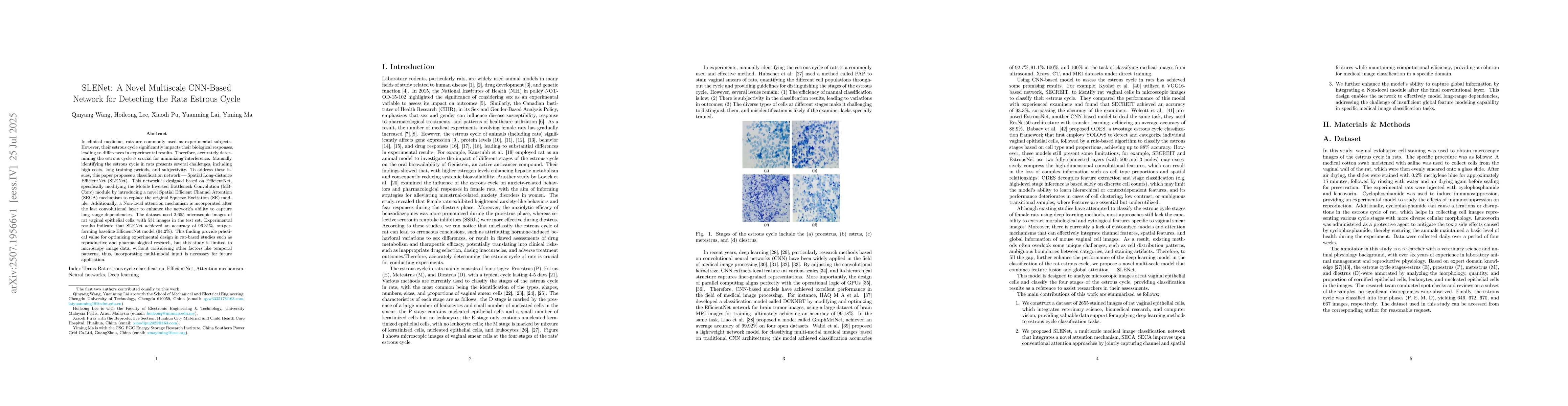 Thumbnail for SLENet: A Novel Multiscale CNN-Based Network for Detecting the Rats
  Estrous Cycle